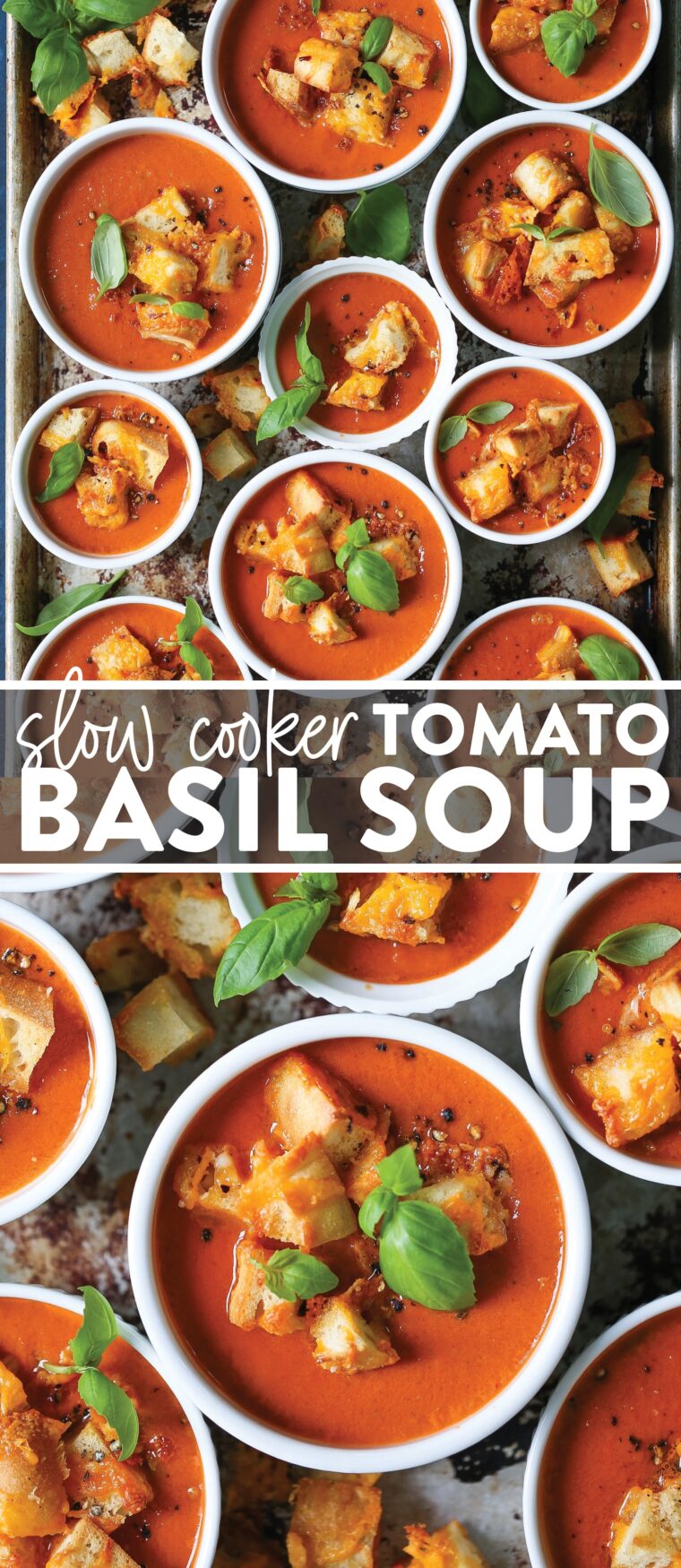 Slow Cooker Tomato Basil Soup - This slow cooker tomato soup is so cozy and so velvety creamy! A true set-and-forget dinner served with homemade parmesan cheddar croutons!