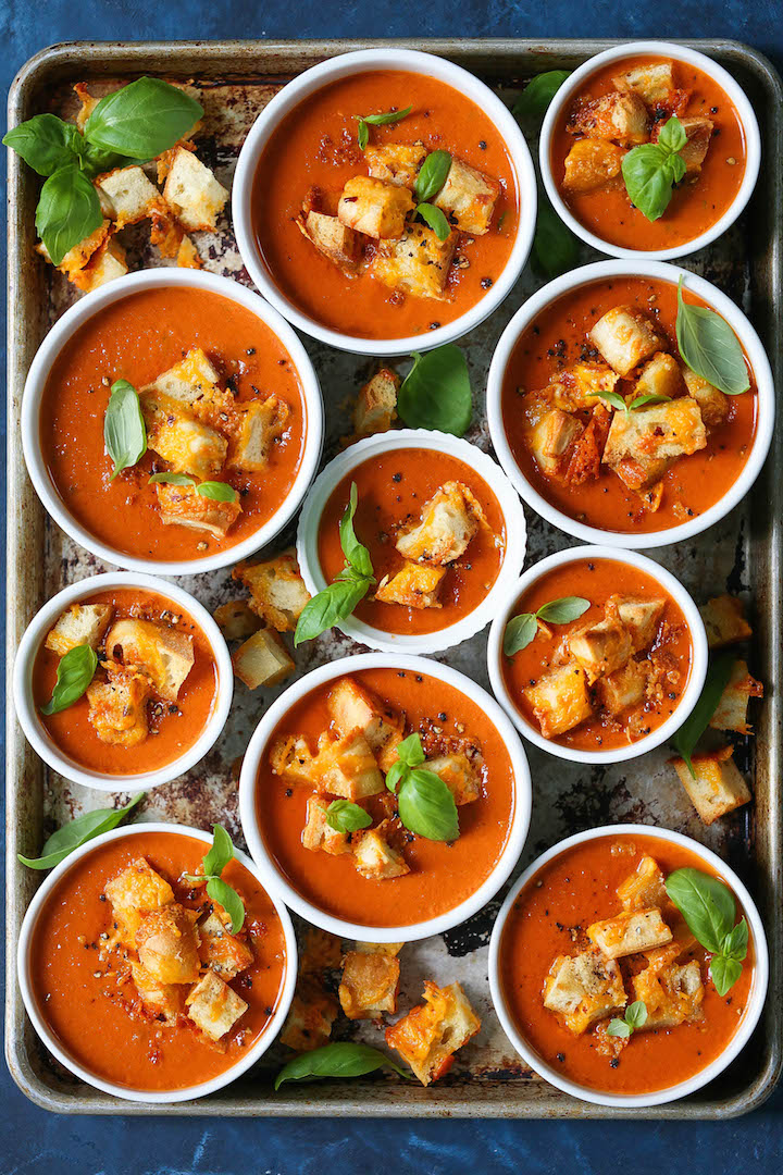 Slow Cooker Tomato Basil Soup - Simply add all your ingredients into a crockpot. So creamy, comforting and EASY! Served with parmesan cheddar croutons!!!