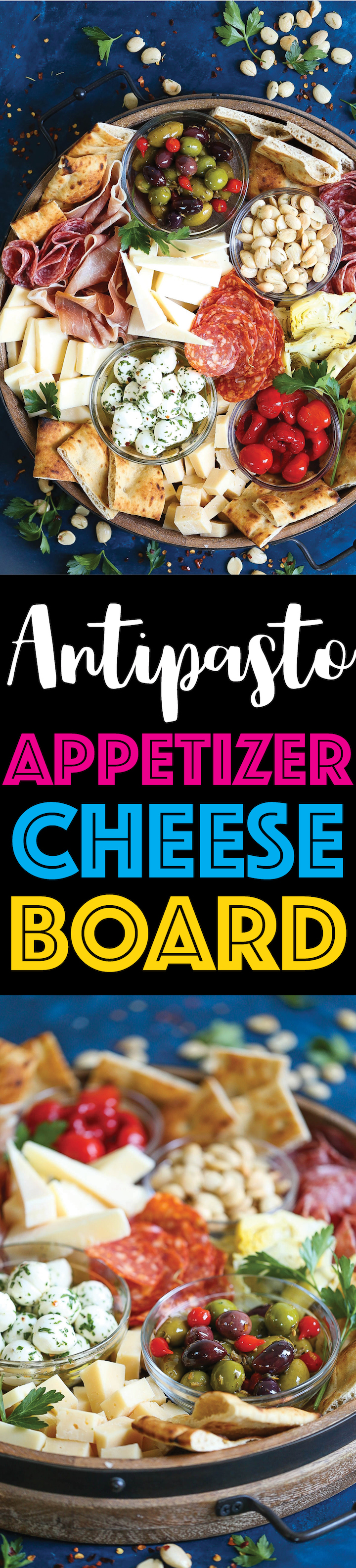 Antipasto Appetizer Cheese Board - Learn how to build the absolute PERFECT antipasto platter! It's unbelievably easy and sure to be a crowd-pleaser for all your guests! Served with cured meats, fresh cheeses, artichoke hearts, olives, nuts, peppers and focaccia!