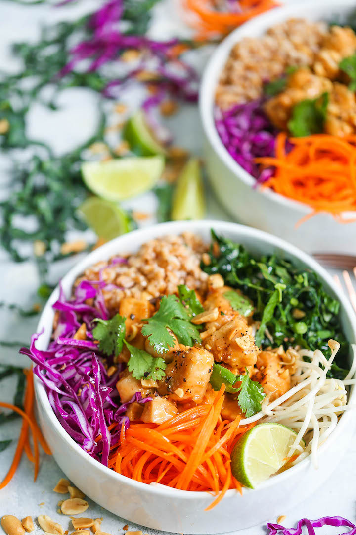 Thai Chicken Buddha Bowls - Healthy, hearty and nutritious bowls filled with whole grains, plenty of veggies, and a simple peanut sauce that is absolutely to die for!