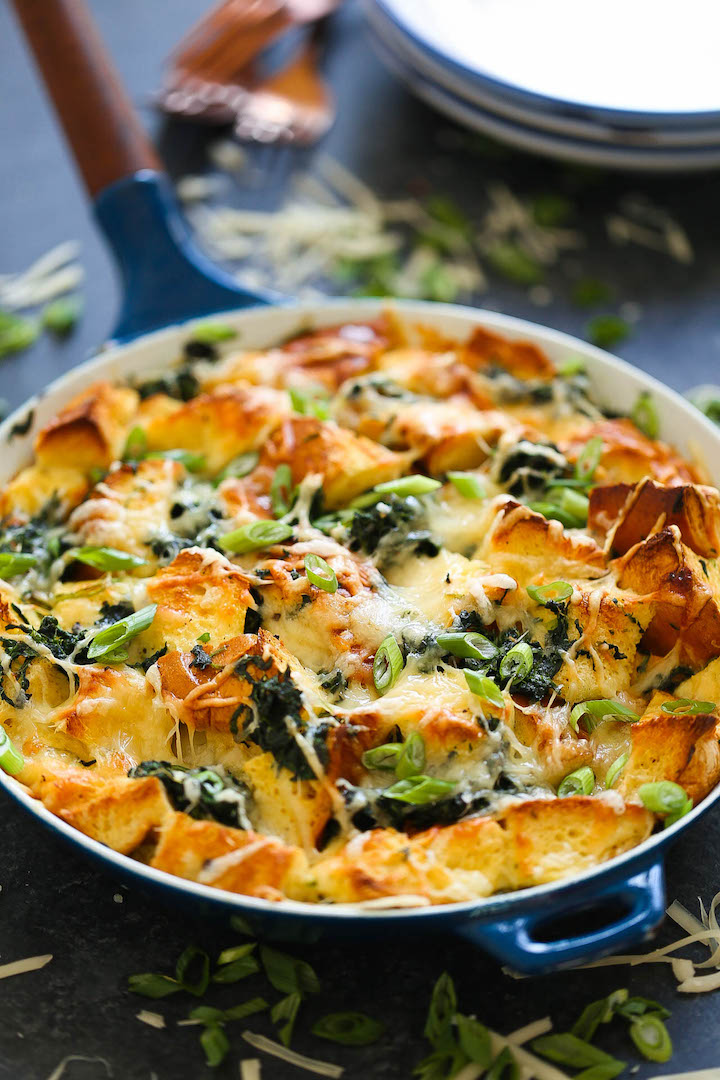 Spinach and Cheese Strata - The quickest, easiest (and cheapest, really), make-ahead savory bread pudding! Perfect for brunch get-togethers or even as a lazy dinner option. You can really have it for any time of the day!