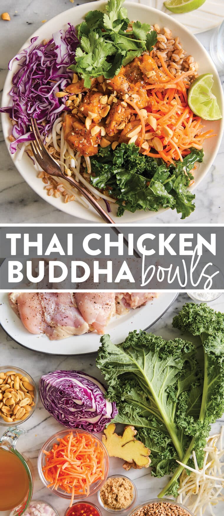 Thai Chicken Buddha Bowls - Packed with whole grains, fresh veggies, and a crave-worthy peanut sauce — so healthy, hearty and full of flavor!