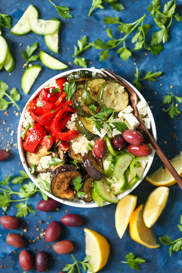 Greek Power Bowls - The quickest Mediterranean-inspired POWER BOWLS! Made in less than 30 minutes with roasted eggplant, zucchini, bell peppers, fresh cucumbers, olives and feta with a simple yet amazing red wine vinaigrette! Nutrient-rich, low-carb, filling and healthy!