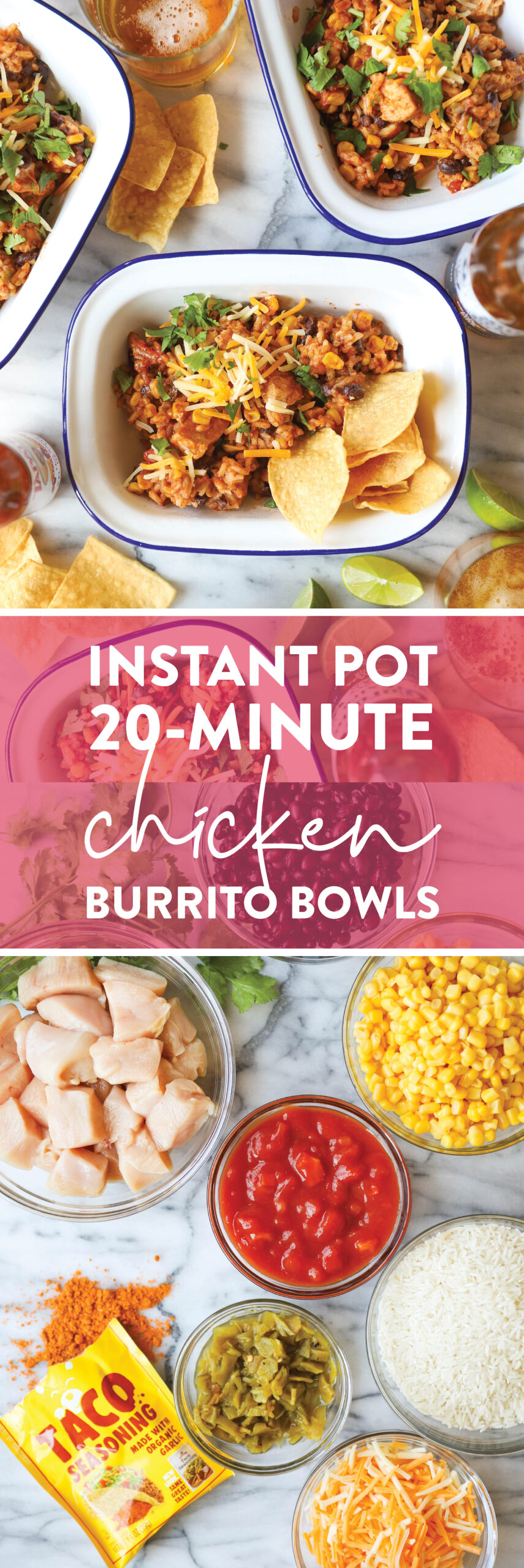 Instant Pot 20 Minute Chicken Burrito Bowls - This literally comes together in less than 10 min prep and another 10 min in the pressure cooker. The chicken is so tender and the flavors are just unbelievable here! After this, you'll never want to make burrito bowls without your Instant Pot!