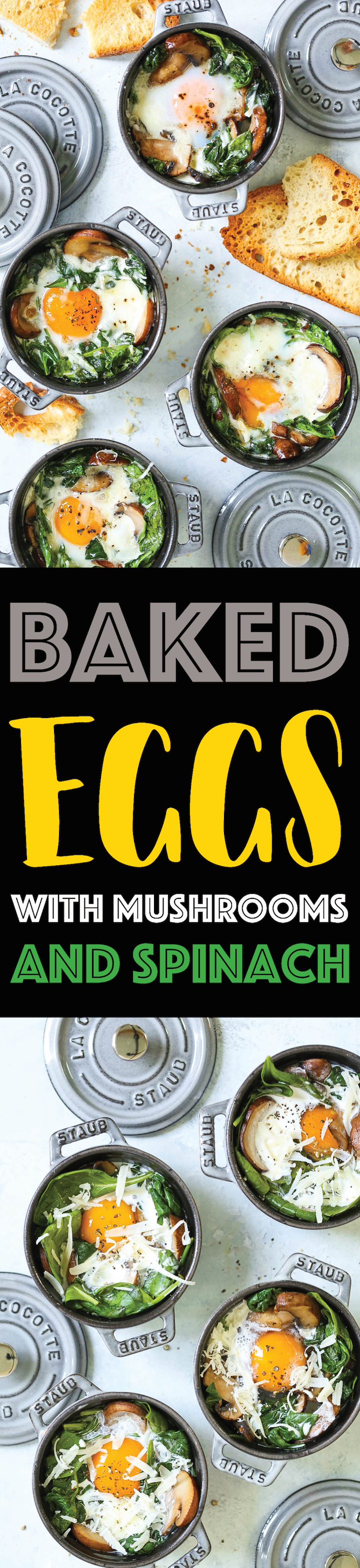 Baked Eggs with Mushrooms and Spinach - Easy peasy individual baked eggs with garlicky sautéed mushrooms and wilted spinach. Healthy, hearty and quick! Serve for breakfast, lunch or dinner with lots of buttered toast! Great for guests or for individual servings.