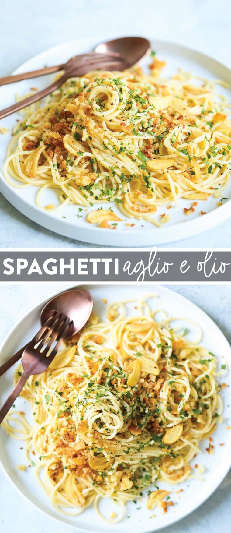 Spaghetti Aglio e Olio - Spaghetti with garlic and olive oil! A weeknight hero (30 min meal) with pasta, breadcrumbs, garlic and Parmesan. So easy and budget-friendly!