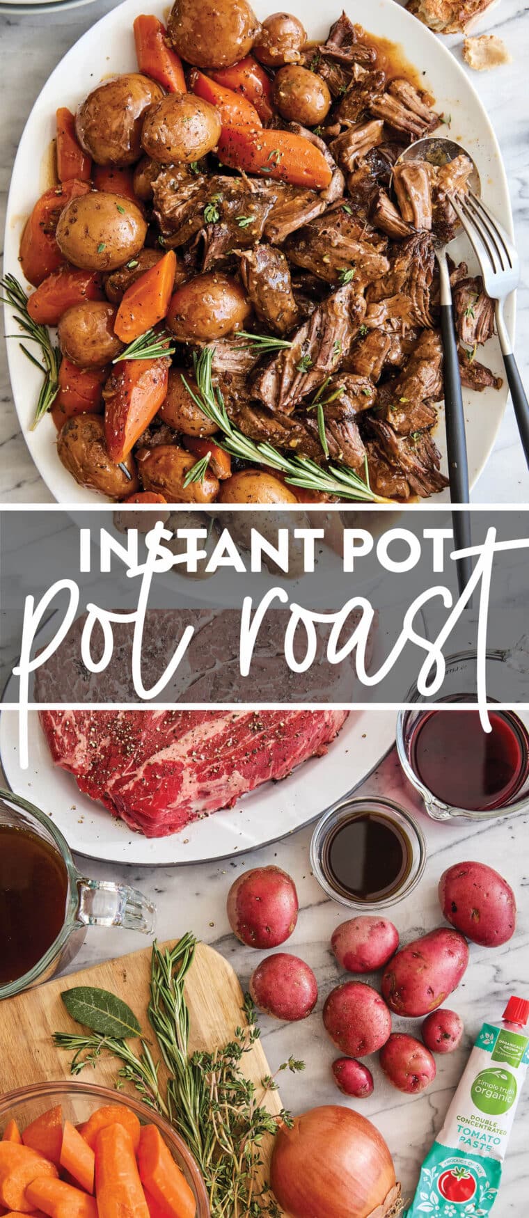 Instant Pot Pot Roast - A complete pot roast Sunday dinner in just 60 min? Yes, please! With the most tender, melt-in-your-mouth tender beef!