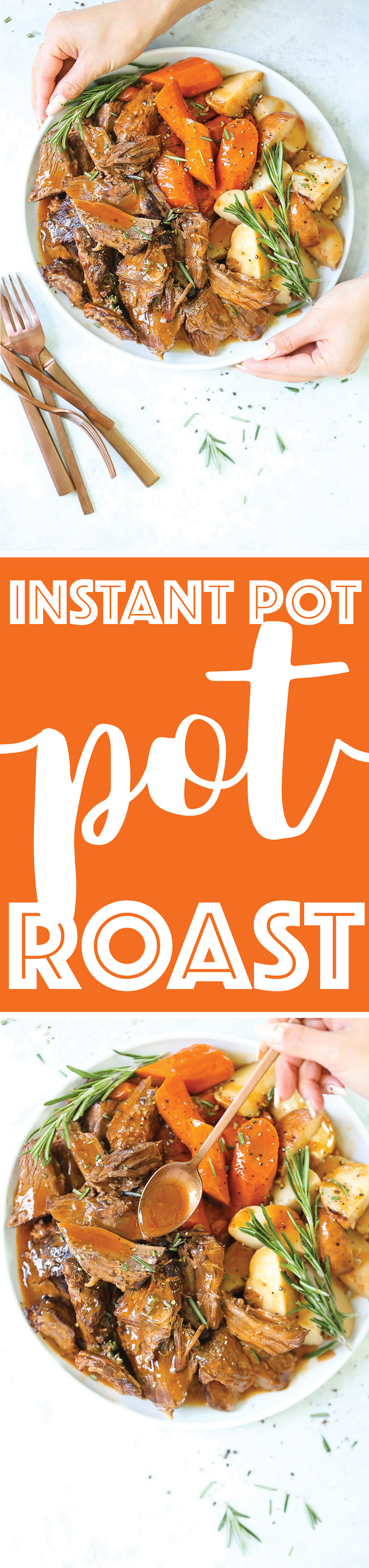 Instant Pot Pot Roast - A complete pot roast Sunday dinner in the pressure cooker in just 60 minutes? Yes, please! And the meat, potatoes, carrots and flavorful gravy all come together in ONE POT for the easiest clean up ever. Plus, the meat comes out so amazingly tender!