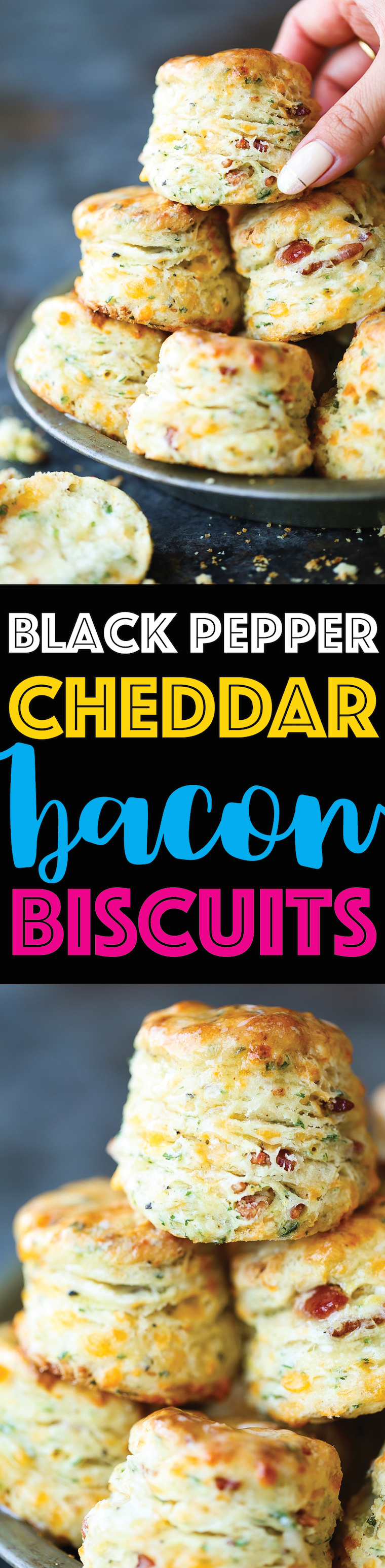Black Pepper Cheddar Bacon Biscuits - So flaky, fluffy and buttery! With crisp bacon bits, sharp cheddar, black pepper + garlic. These are simply THE BEST!