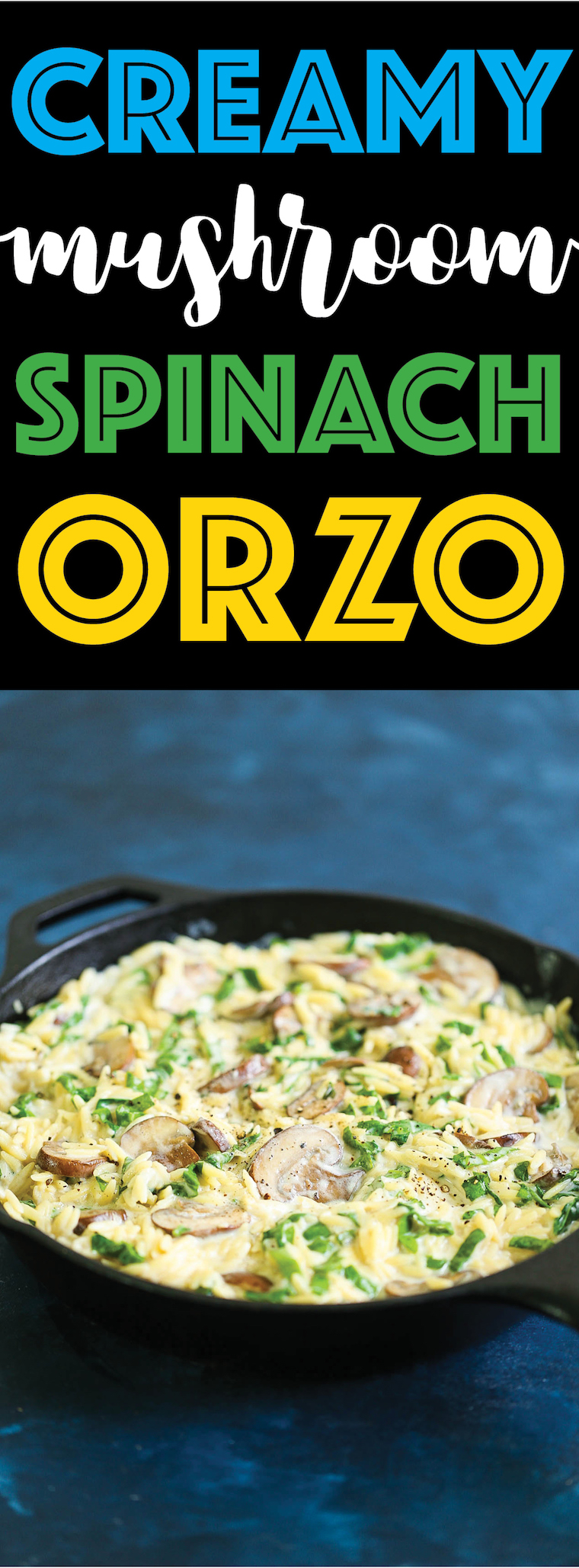 Creamy Mushroom Spinach Orzo - This creamy, hearty orzo dish makes for the best vegetarian side dish ever! Loaded with mushrooms, spinach and freshly grated Parmesan cheese for the most amazing garlic Parmesan cream sauce. You can also add chicken and turn this into a main dish!