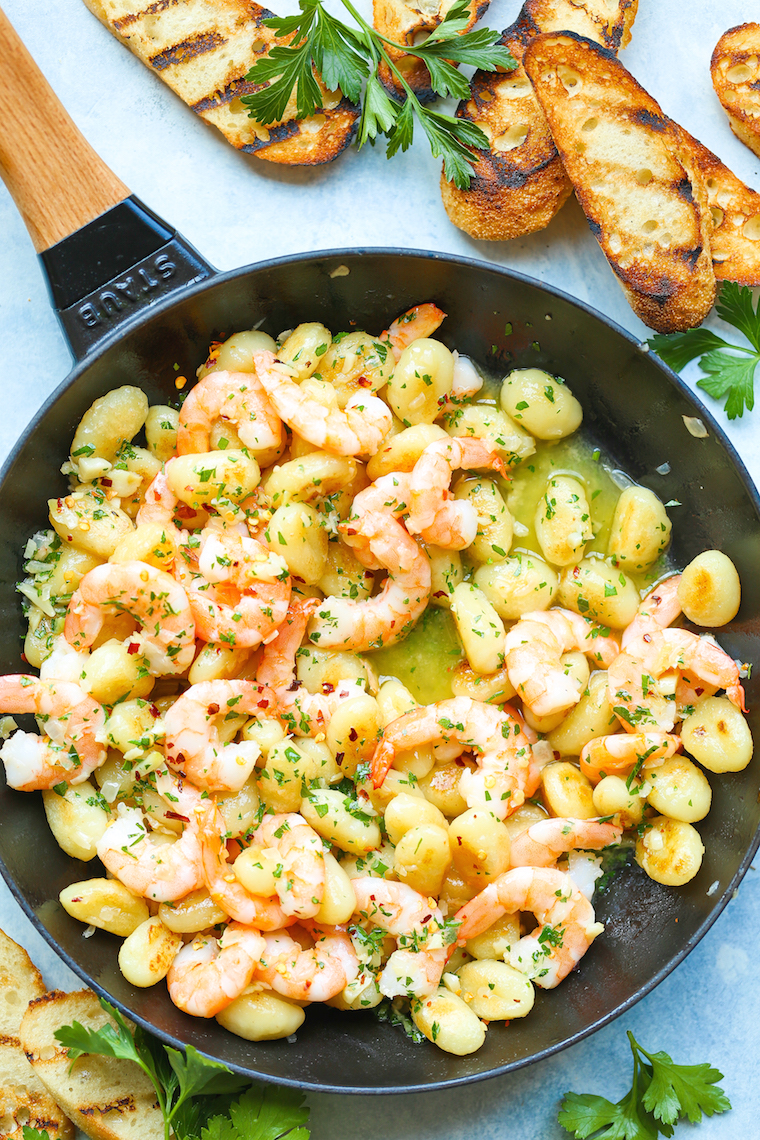 Shrimp Scampi Gnocchi - Ready in less than 30 min with perfectly golden-brown gnocchi and sauteed shrimp! So buttery, so garlicky, and just so quick + easy!