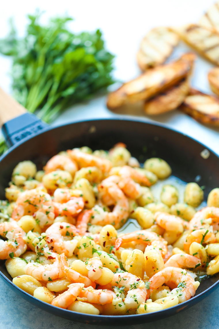Shrimp Scampi Gnocchi - Ready in less than 30 min with perfectly golden-brown gnocchi and sauteed shrimp! So buttery, so garlicky, and just so quick + easy!