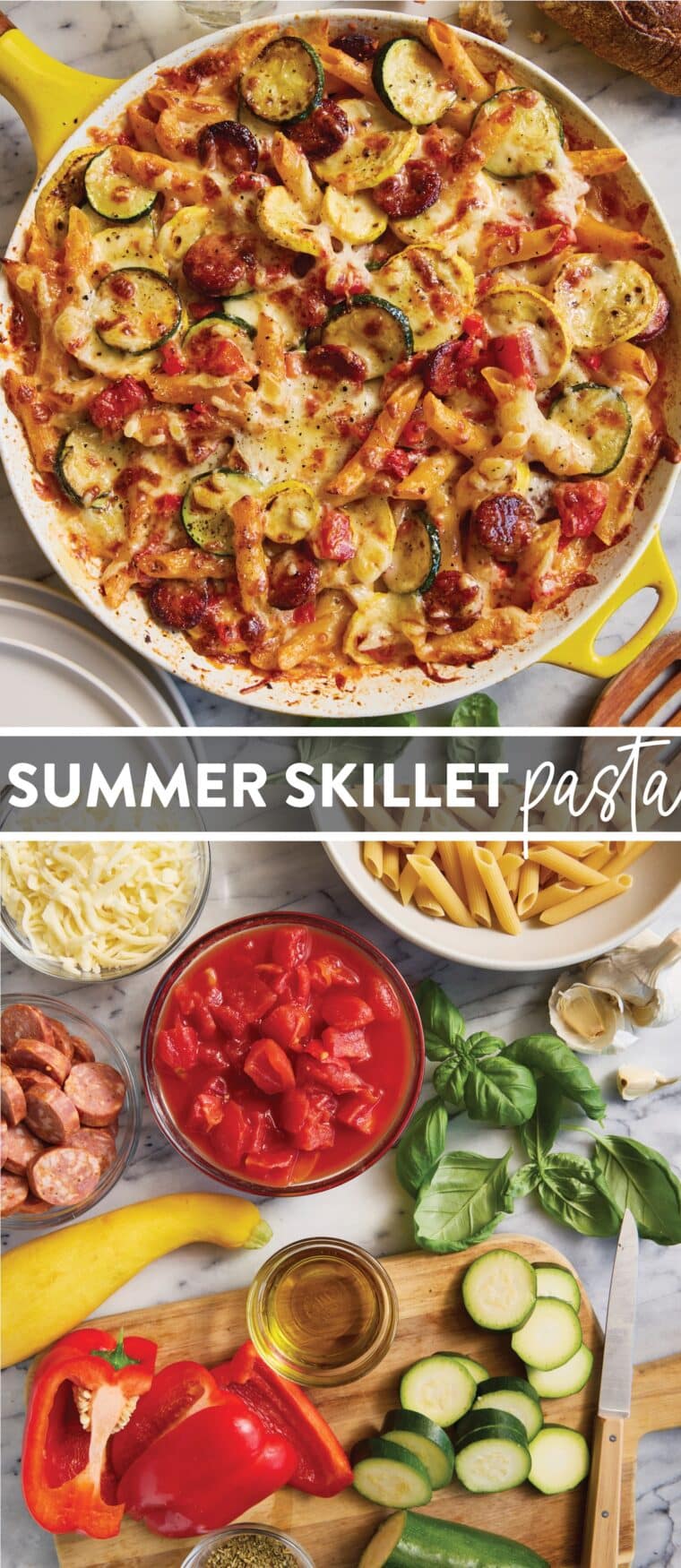 This summer pasta bake is a seasonal favorite, using up all the summertime vegetables with smoky andouille sausage for a quick skillet dinner!