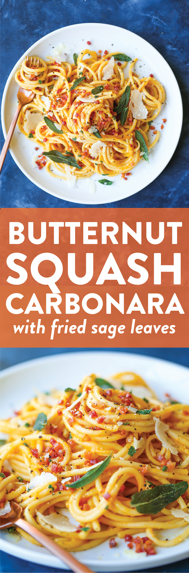 Butternut Squash Carbonara - If you love carbonara, you will love this! It is amazingly creamy and loaded with crispy pancetta and fried sage leaves!