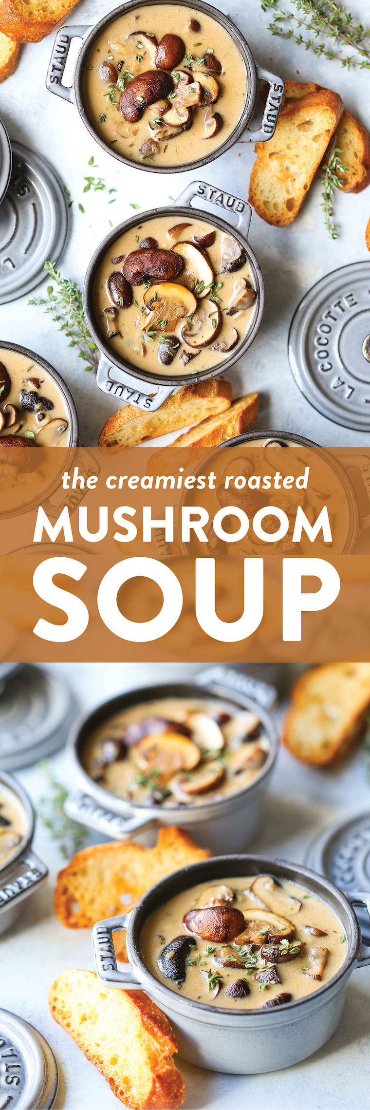 Creamy Roasted Mushroom Soup - So creamy, rich, hearty and comforting! The secret to this soup is roasting the mushrooms in garlic and fresh thyme first!