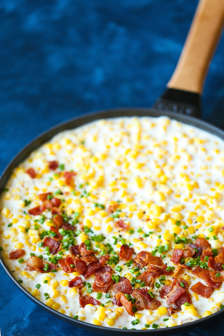 Stovetop Bacon Creamed Corn - The BEST ever homemade creamed corn! The absolute perfect yet easy peasy side dish for all! So creamy, so velvety, so amazing.