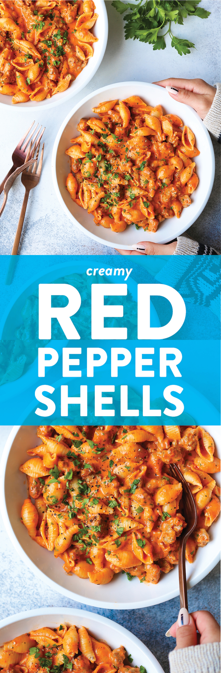 Creamy Red Pepper Shells - Crumbled Italian sausage, Parmesan, basil, and the most EPIC red pepper cream sauce! So creamy, so so good.