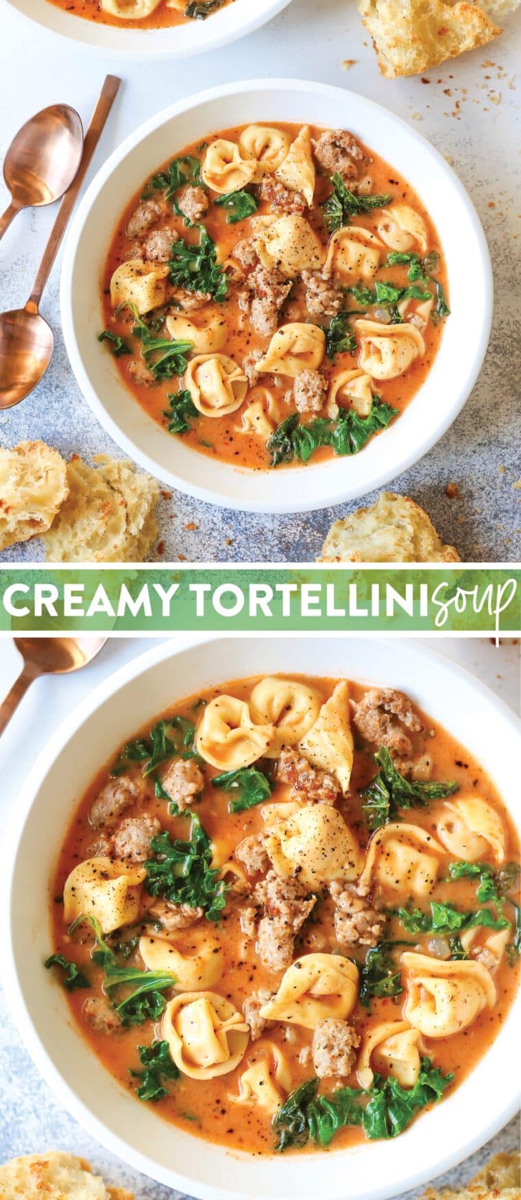 Creamy Tortellini Soup - A quick 30 min dinner! Made with crumbled sausage, kale, Parmesan and tender tortellini. So easy, so cozy, so good.