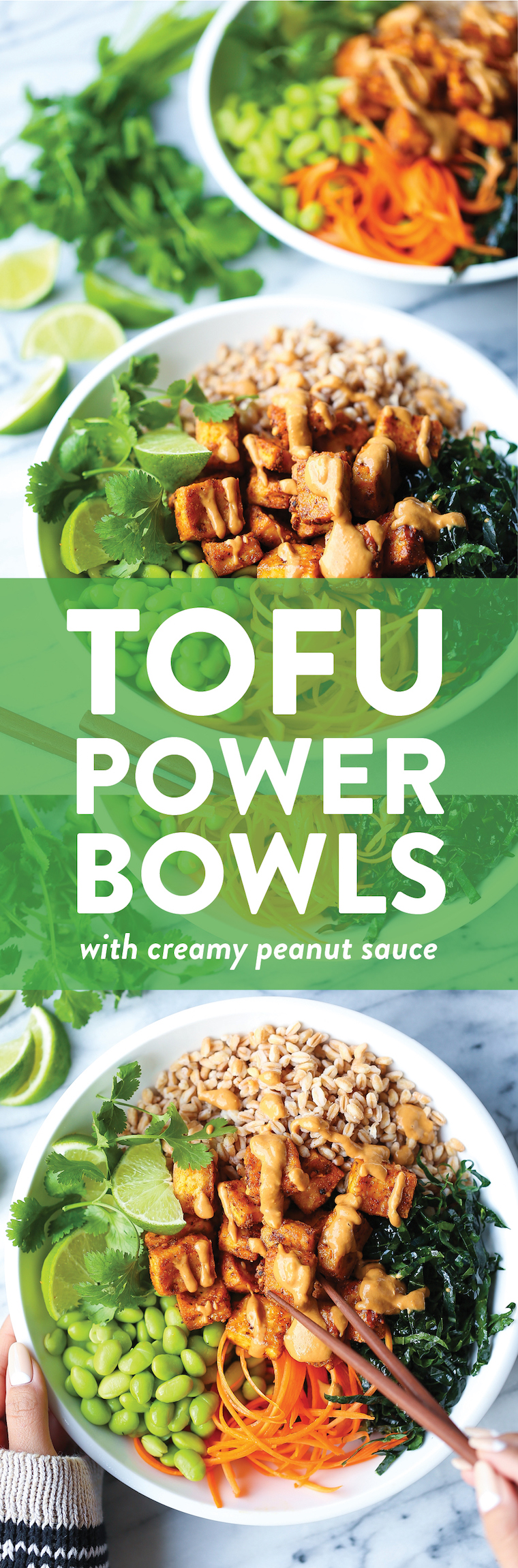 Tofu Power Bowls - Nutritious, flavor-packed veggie power bowls with crispy baked tofu, kale, edamame, carrots + THE BEST creamy peanut sauce of your life!
