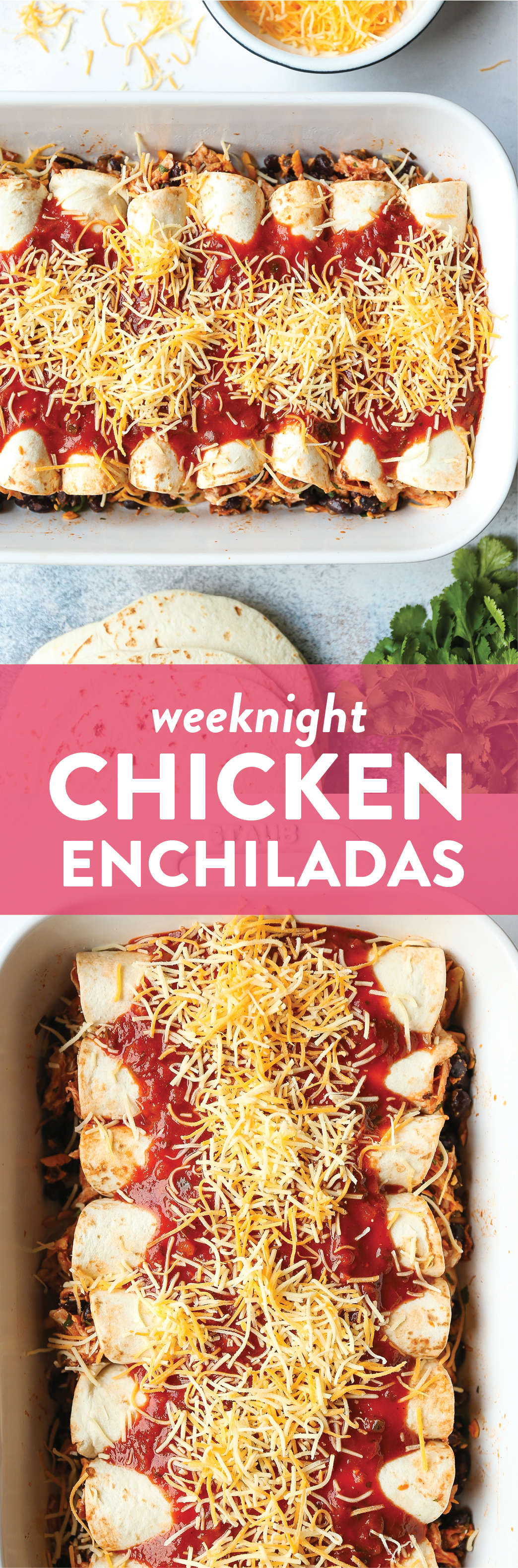 Weeknight Chicken Enchiladas - Classic chicken and black bean enchiladas for those busy weeknights! Easy to assemble with a quick homemade enchilada sauce!