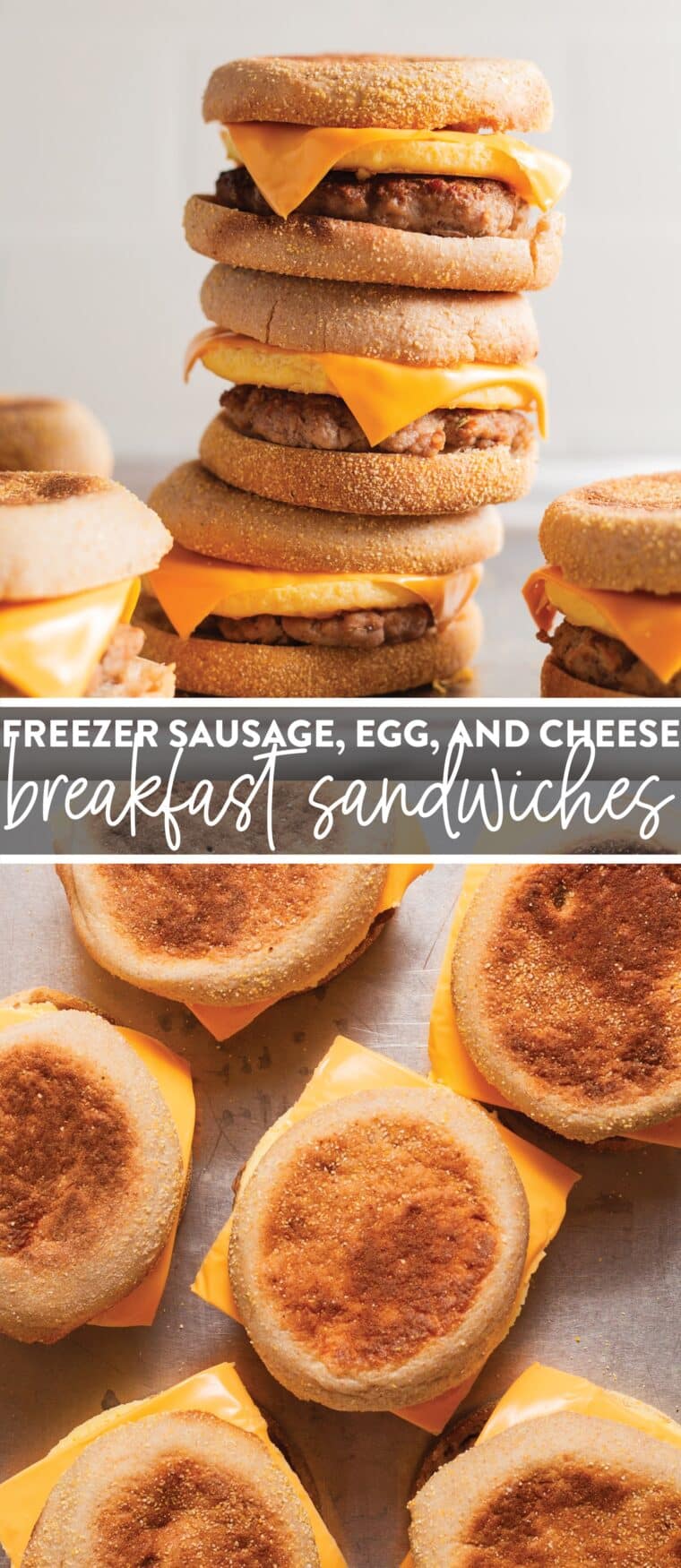 Freezer Sausage, Egg, and Cheese Breakfast Sandwiches - Freezer make-ahead breakfast sandwiches with eggs, breakfast sausage, and cheese on English muffins! They freeze and reheat like a dream!