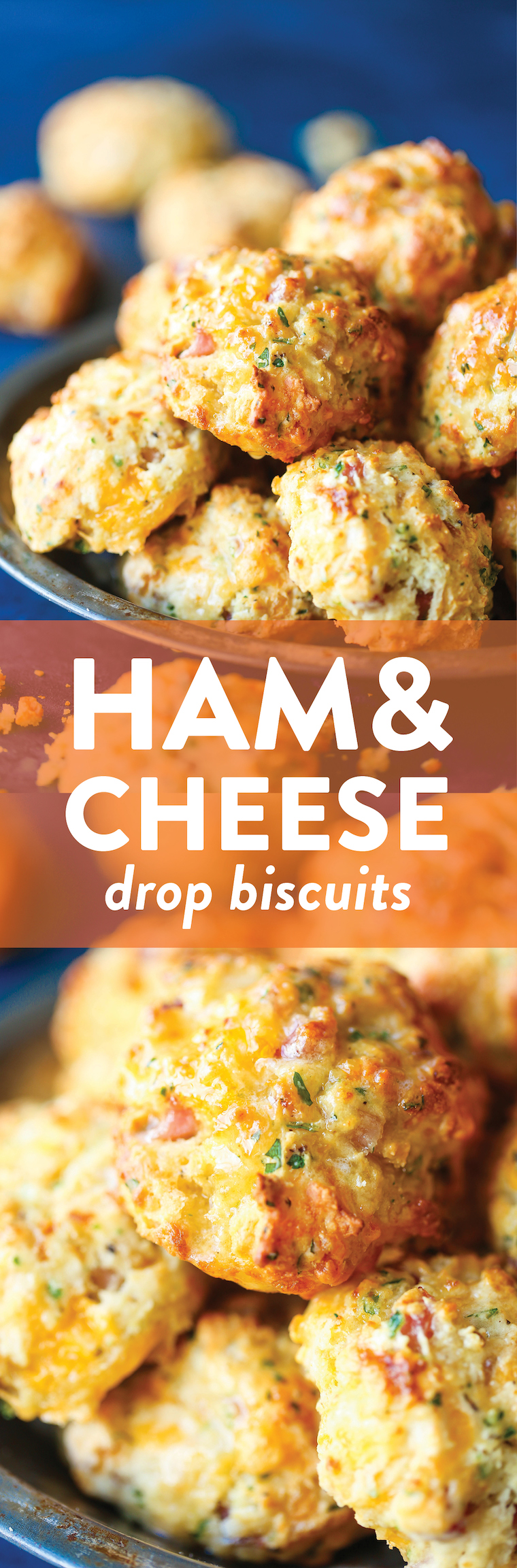 Ham and Cheese Drop Biscuits - The easiest, simplest homemade drop biscuits made with less than 20min prep! And they're so buttery, so flaky and so perfect!