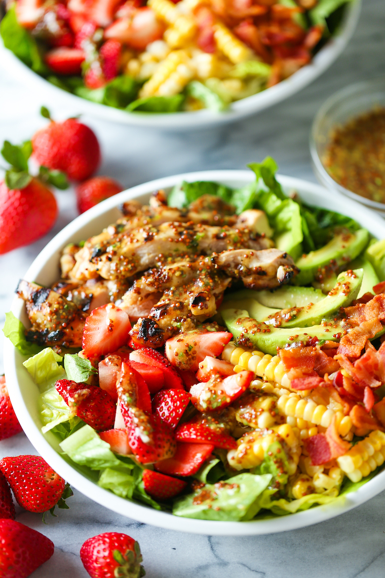 Honey Mustard Chicken Salad - Made with the juiciest, tender honey mustard chicken, romaine, strawberries, avocado and corn. And the dressing is perfection!