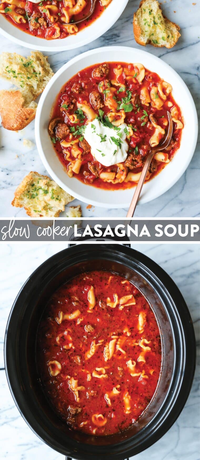 Slow Cooker Lasagna Soup - This cozy lasagna soup has all the flavors of lasagna but made so easily in the slow cooker! Simply set and forget. No layering, no nothing!