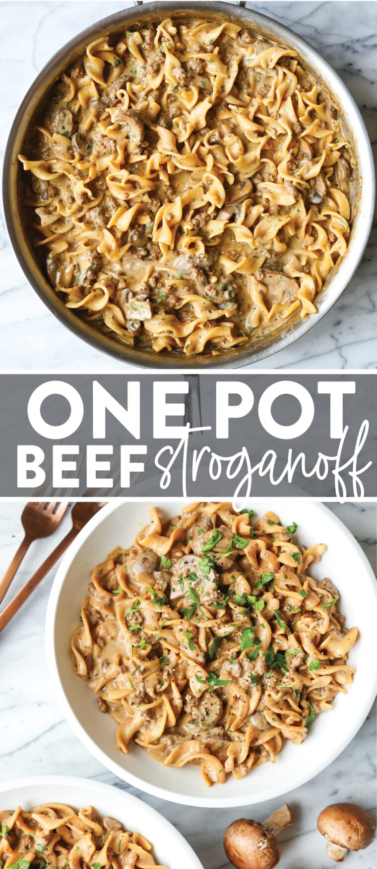 One Pot Beef Stroganoff - Now you can make everyone's favorite stroganoff in ONE POT with ground beef! No-fuss + budget-friendly with the quickest clean-up!