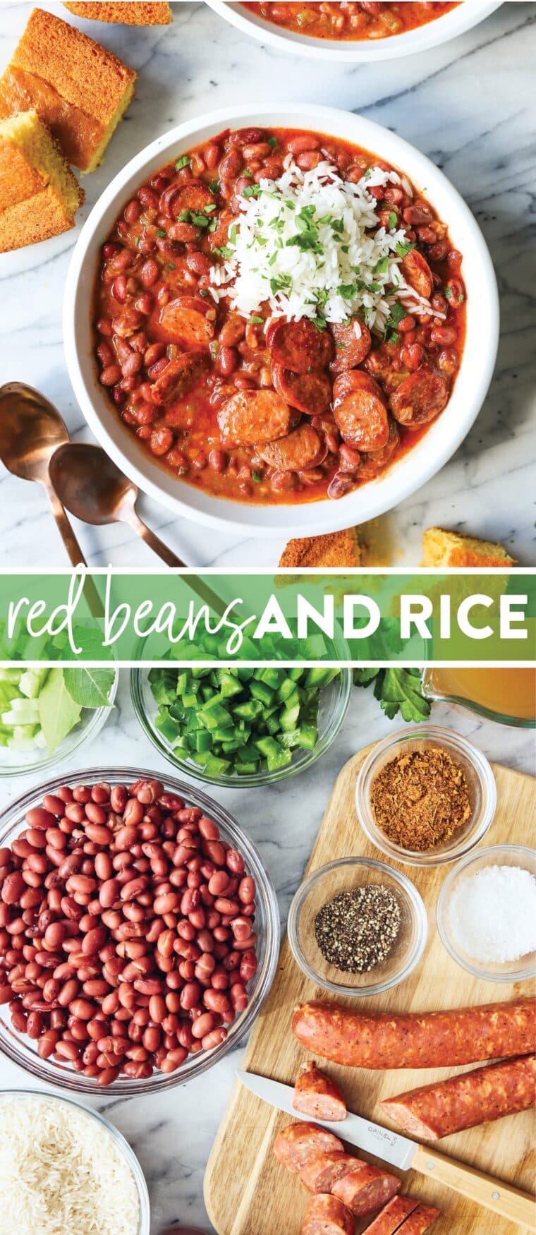 Red Beans and Rice - So thick, creamy, flavorful! Beans are cooked just right. Perfectly tender served with rice and smoky andouille sausage!