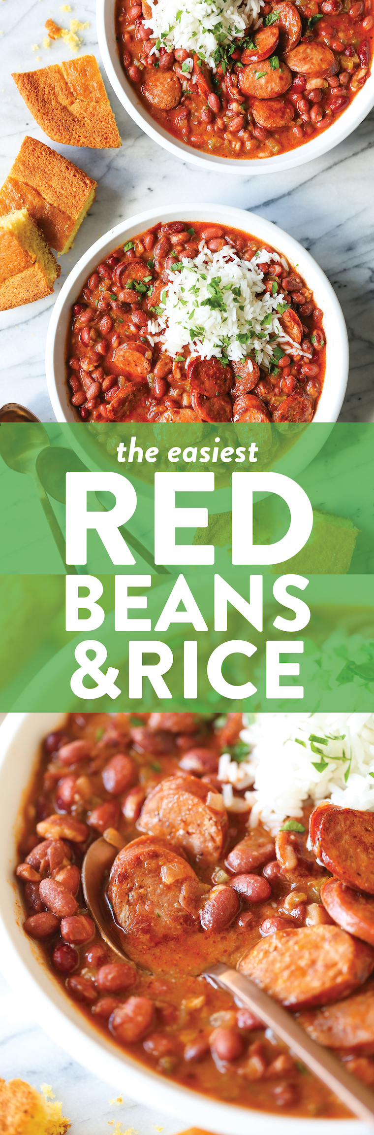 Red Beans and Rice - So thick, so creamy and so flavorful! The beans are cooked just right - perfectly tender, served with rice and smoky andouille sausage.