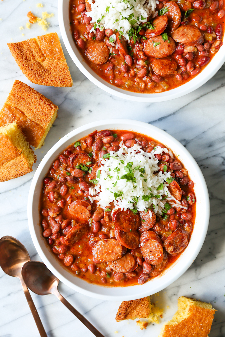 Red Beans and Rice - So thick, so creamy and so flavorful! The beans are cooked just right - perfectly tender, served with rice and smoky andouille sausage.