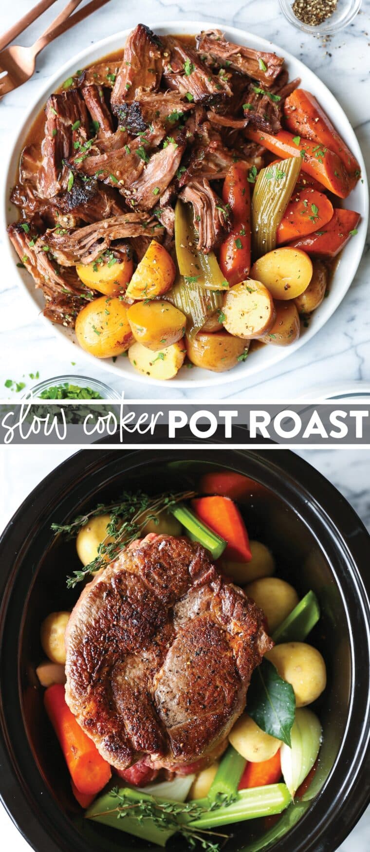 Slow Cooker Pot Roast - This easy slow cooker pot roast cooks low and slow right in the crockpot, yielding the most fall-apart tender beef and the dreamiest gravy!