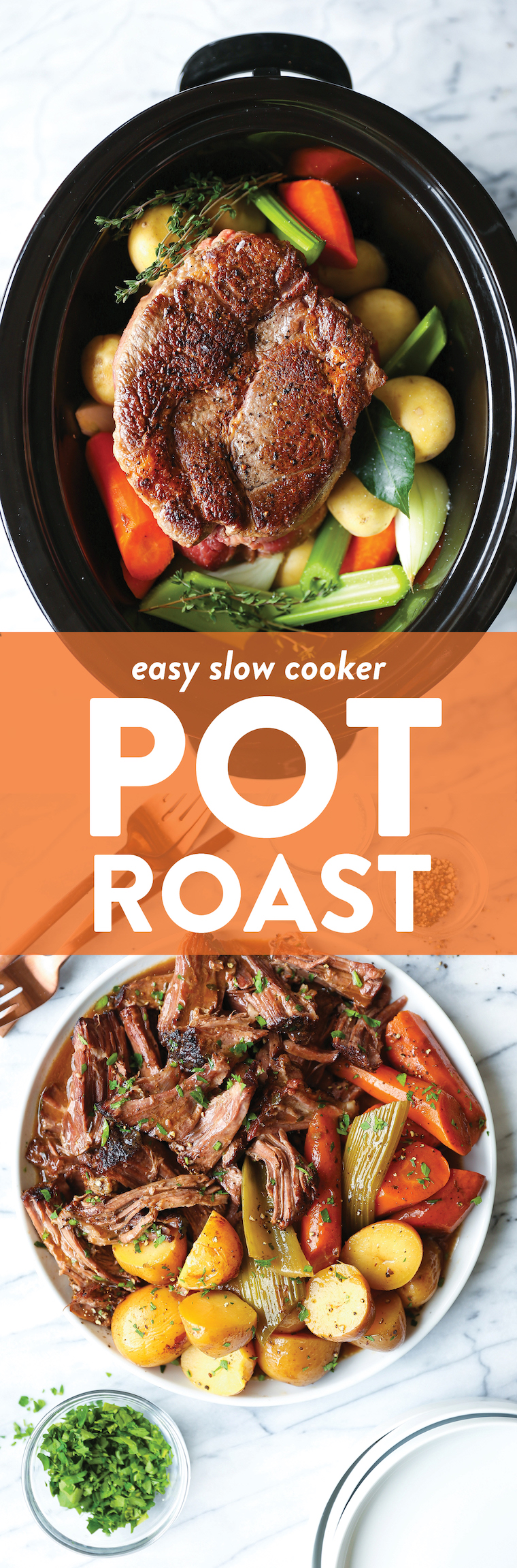 Slow Cooker Pot Roast Recipe - No-fuss, amazingly fall-apart pot roast made in your crockpot with the most tender vegetables!