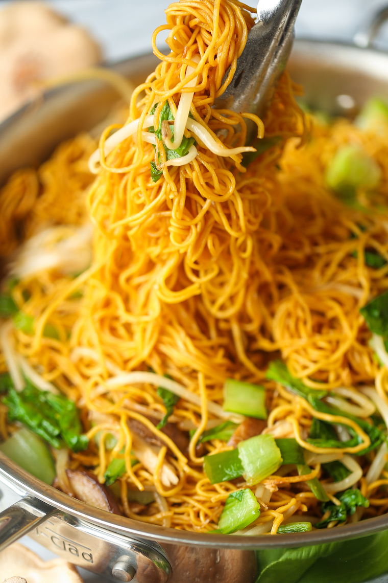 Easy Chow Mein - Skip the takeout and make the BEST chow mein at home in less than 30 min! Perfectly crispy noodles with bok choy, mushrooms + bean sprouts!
