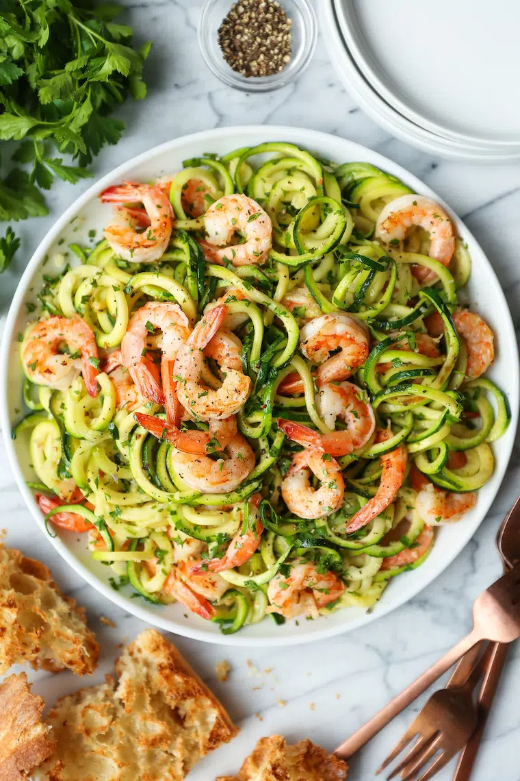 Garlic shrimp zucchini noodles in a skillet