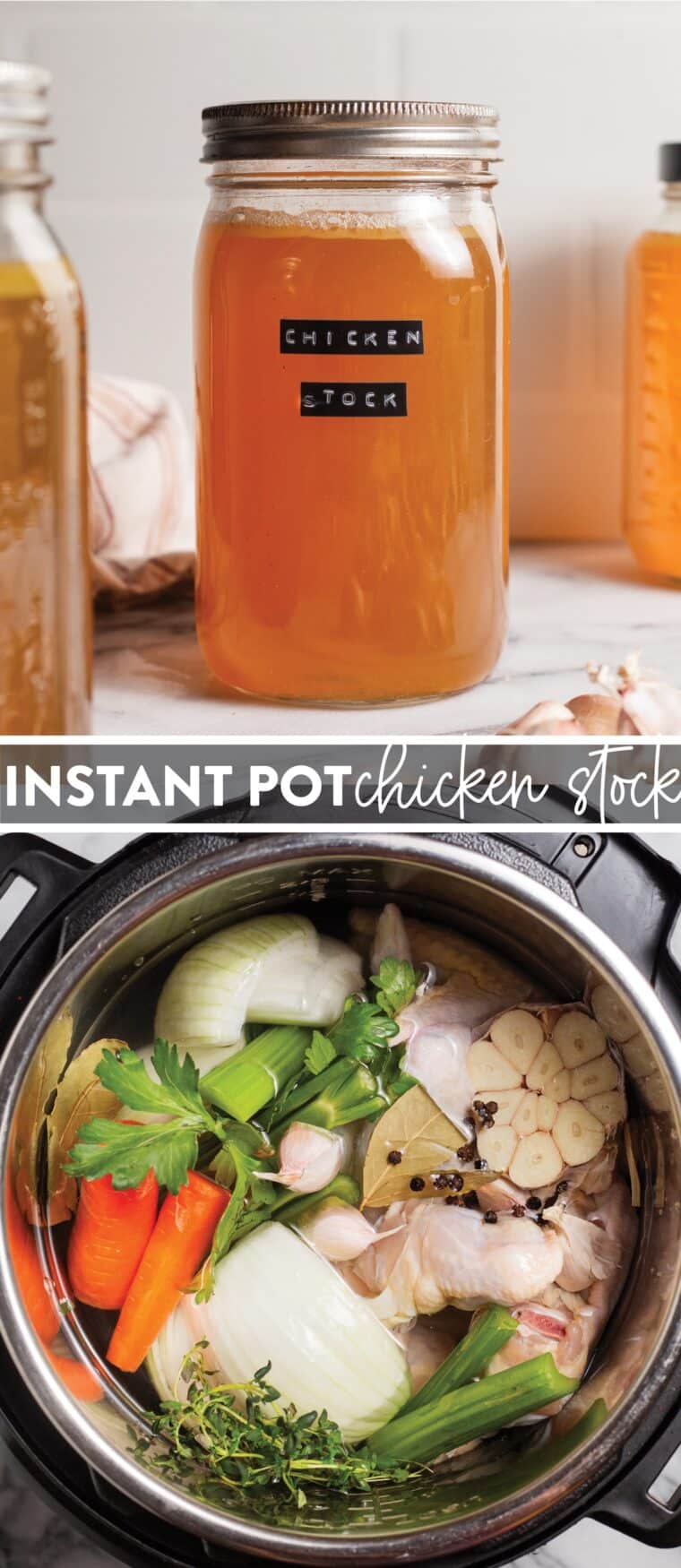 Instant Pot Chicken Stock - Now you can make homemade chicken stock in just 45 minutes in the Instant Pot! Freeze up to 3 months, perfect for stews, soups and sauces!