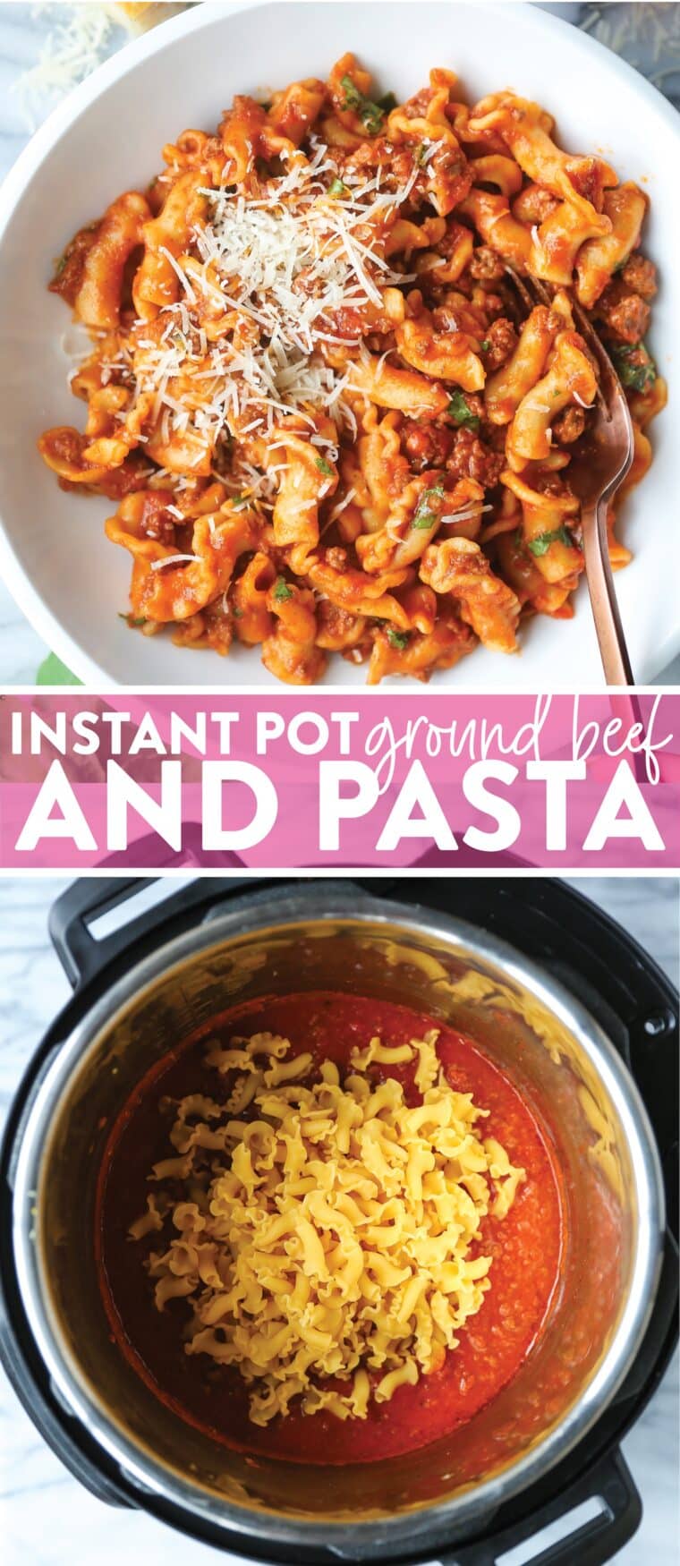 Instant Pot Ground Beef and Pasta - So stinking easy and budget-friendly! The perfect ONE POT meal with a hearty meat sauce. Only 5 min in the Instant Pot!
