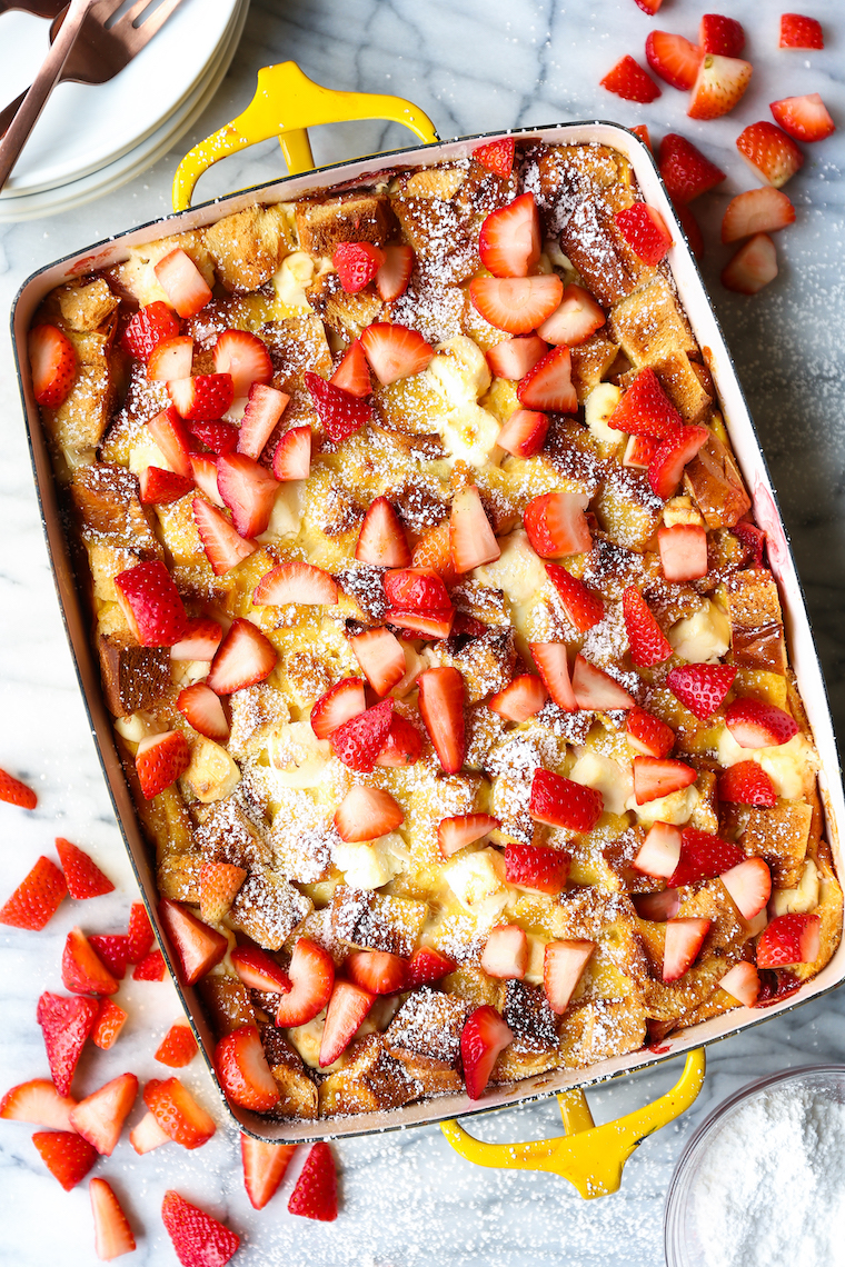 Baked Strawberries and Cream French Toast - The most impressive make-ahead breakfast! So easy with 15min prep. Just pop it right in the oven before serving!