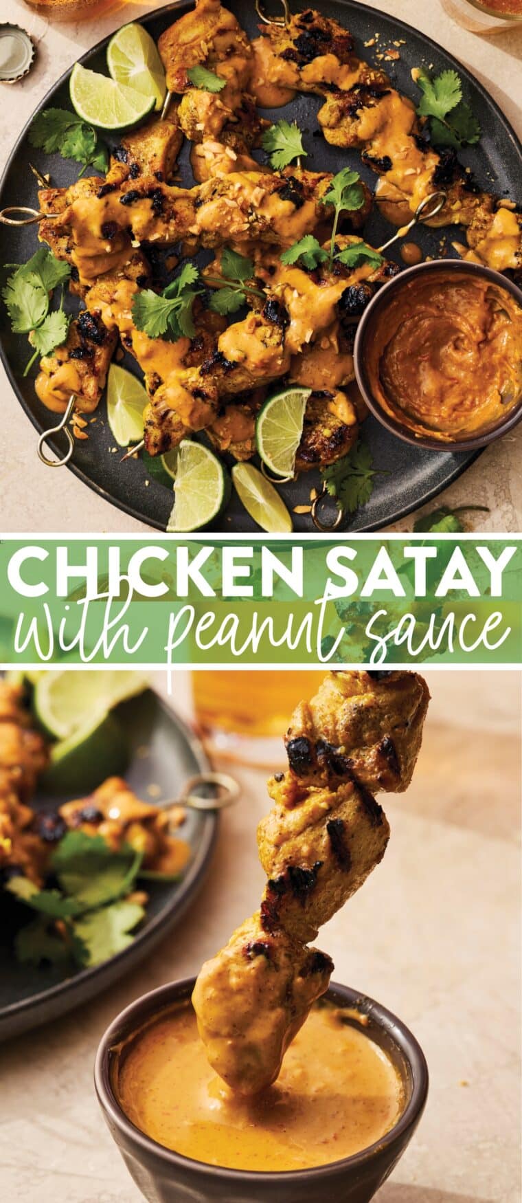Chicken Satay with Peanut Sauce - Perfectly grilled chicken satay skewers in the most flavorful marinade. Served with THE BEST creamy peanut sauce ever!!! So so good.