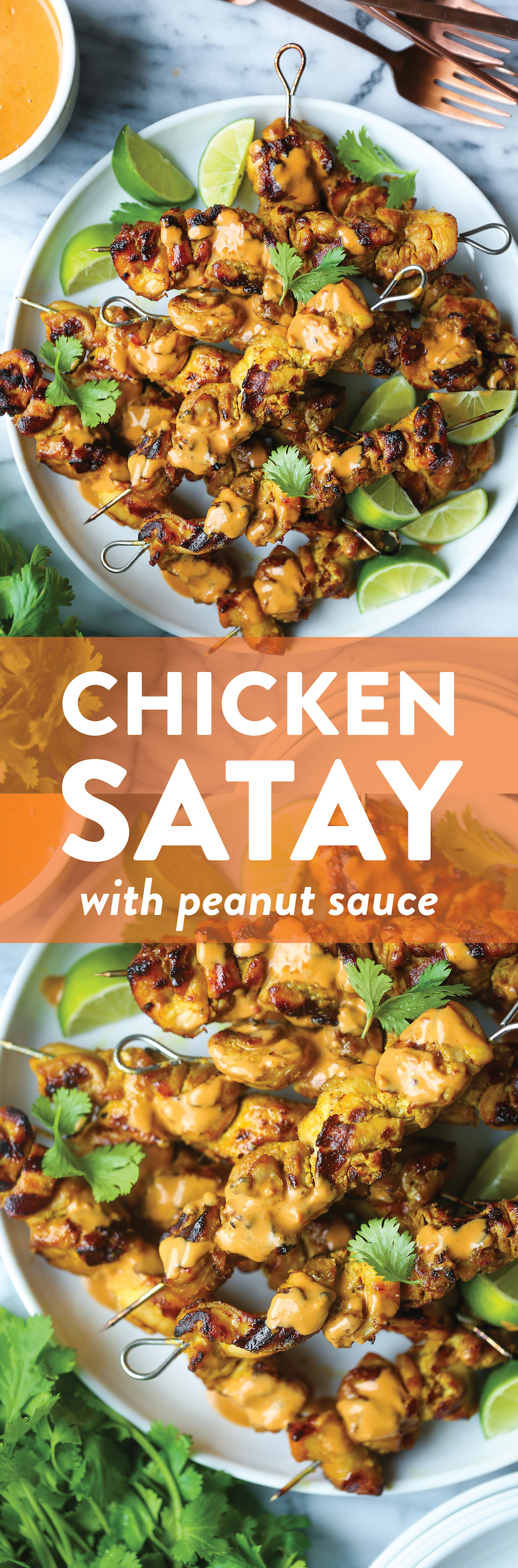 Chicken Satay with Peanut Sauce - Perfectly grilled chicken satay skewers in the most flavorful marinade. Served with THE BEST creamy peanut sauce ever!!!