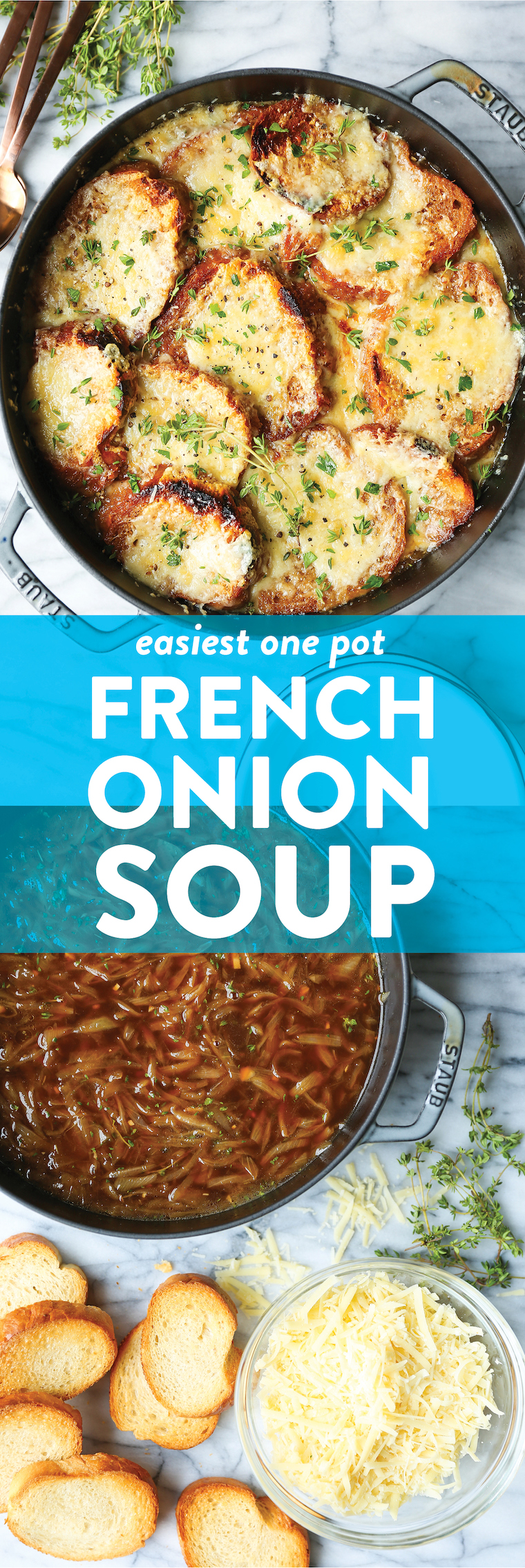 One Pot French Onion Soup - A no-fuss version! No transferring to ramekins, no nothing! Make everything into a ONE POT WONDER and serve. So easy. SO GOOD!