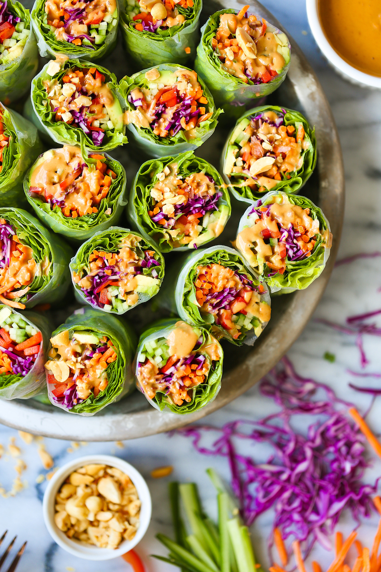 Vegetable Spring Rolls with Peanut Sauce - Simple, healthy and fresh with the creamiest peanut sauce ever. Prep ahead of time and use up lingering veggies!