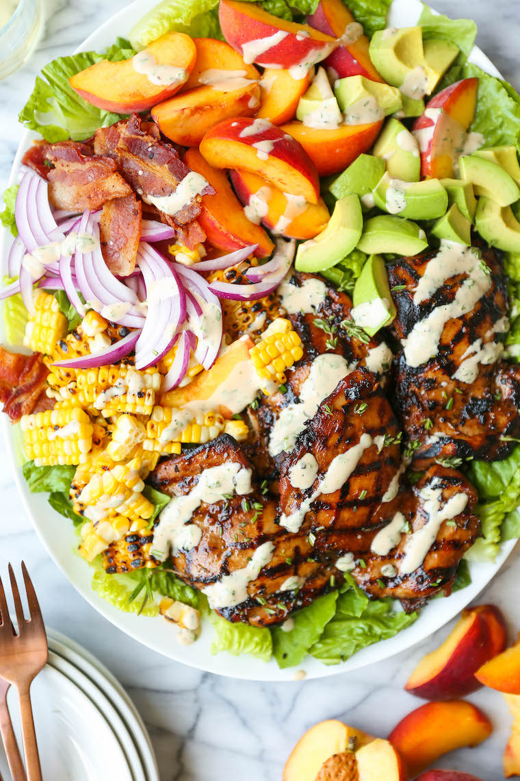 Rosemary Chicken and Peach Salad - Peach slices, grilled rosemary-thyme chicken, charred corn kernels and crisp bacon with the creamiest balsamic dressing!