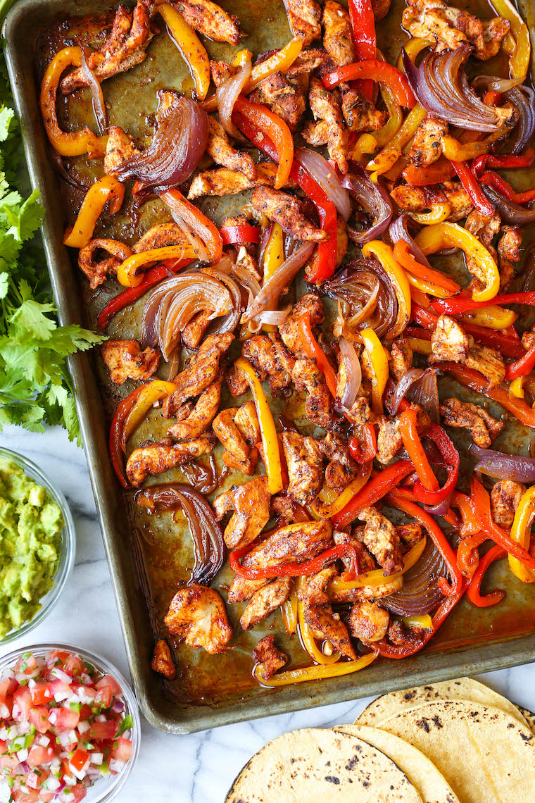 Sheet Pan Chicken Fajitas - SHEET PAN DINNER! The quickest meal you can make with amazingly tender chicken + crisp-tender veggies with the easiest clean-up!