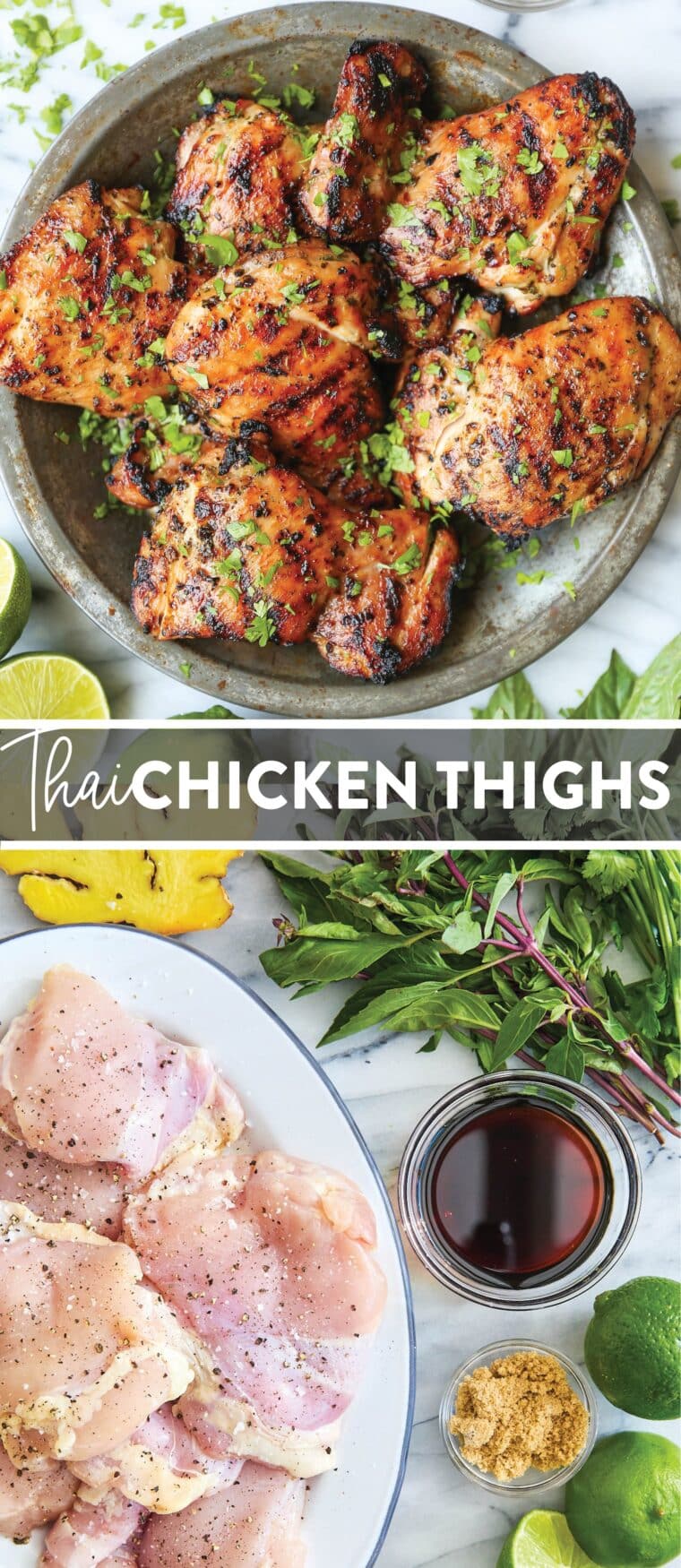 Thai Chicken Thighs - Cilantro, basil, fish sauce, lime juice + brown sugar makes for the best marinade ever! Grill or make on the stovetop!