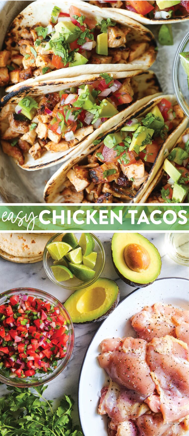 Easy Chicken Tacos - With a simple spice rub, the chicken is cooked quickly on the stovetop! Serve with pico de gallo, avocado + lime wedges!