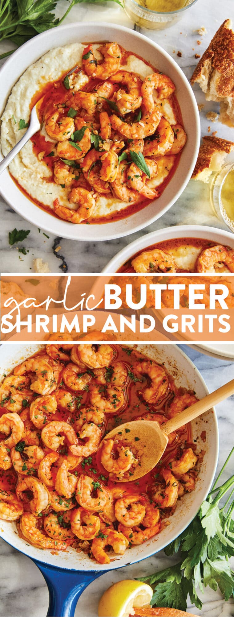 Garlic Butter Shrimp and Grits - Speedy comfort food at its best! Perfectly garlicky, buttery shrimp served with the creamiest grits!