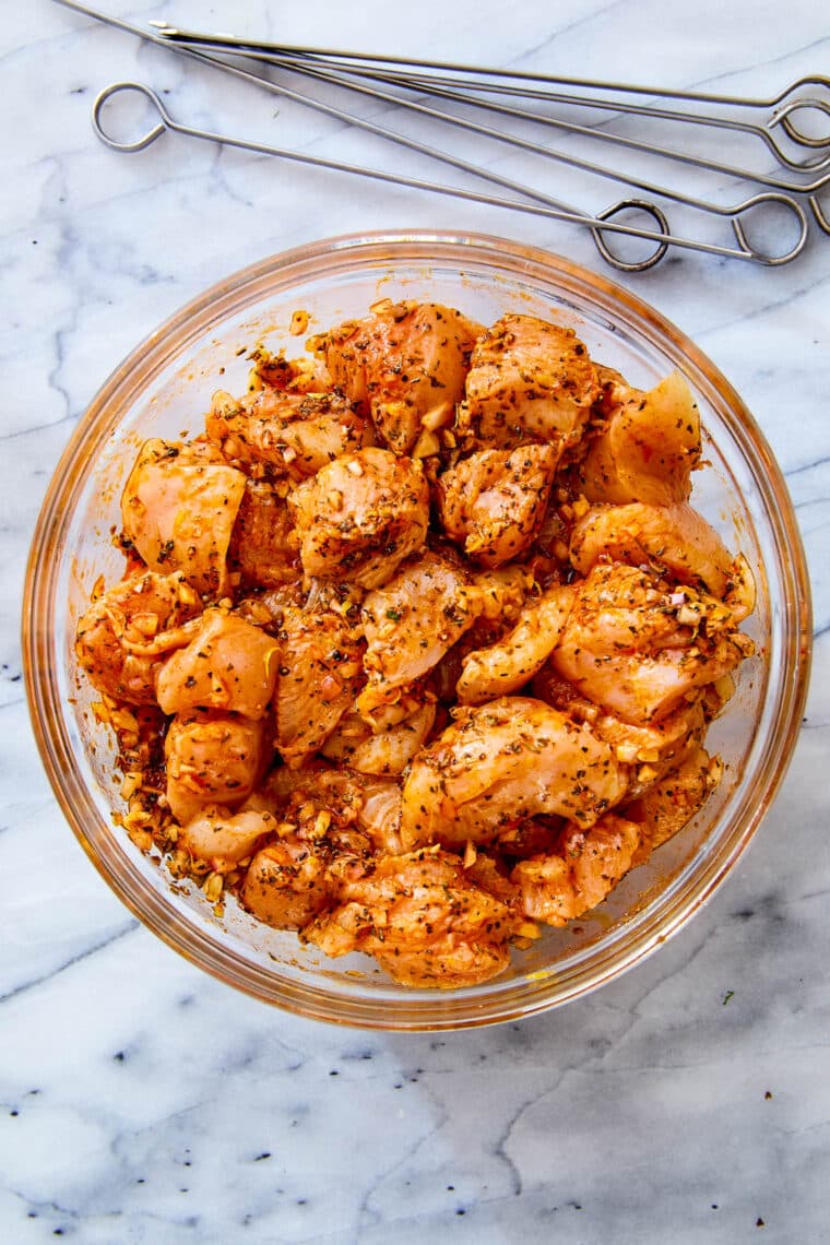 Greek chicken kabobs in marinade