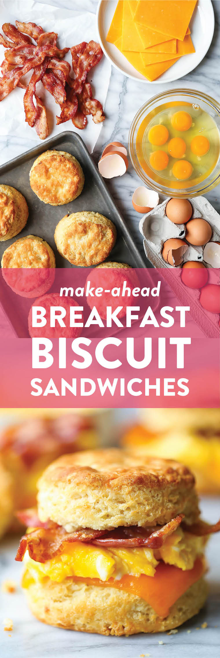 Make Ahead Breakfast Biscuit Sandwiches - Oh-so-warm, flaky buttermilk biscuits with eggs, bacon and cheese. Store in the fridge and reheat in the morning!